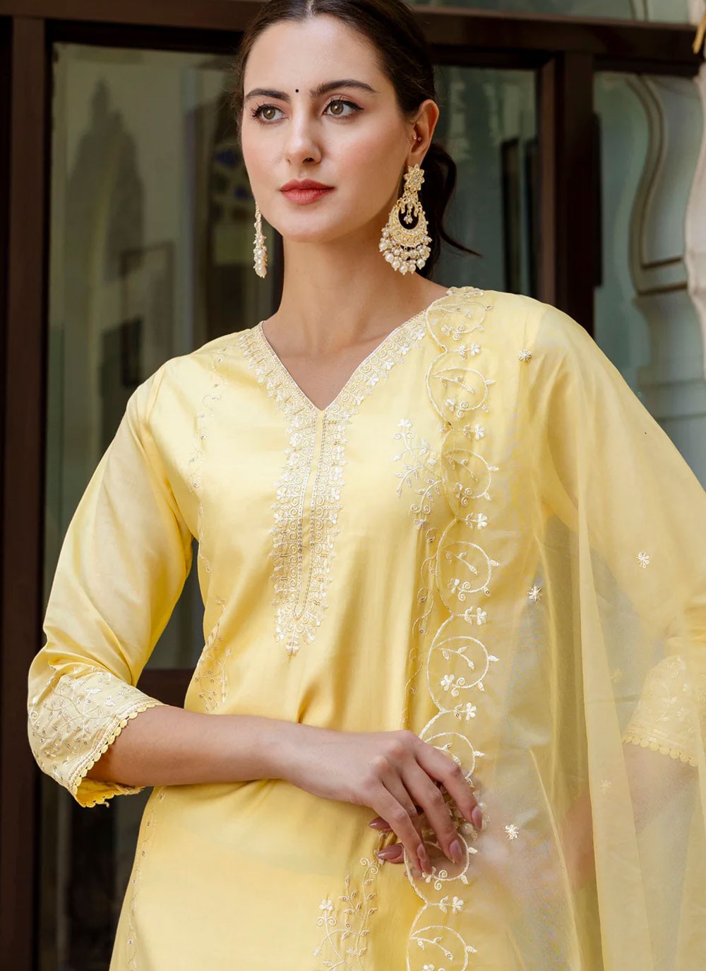 Pant Style Suit Embroidered Yellow T6861