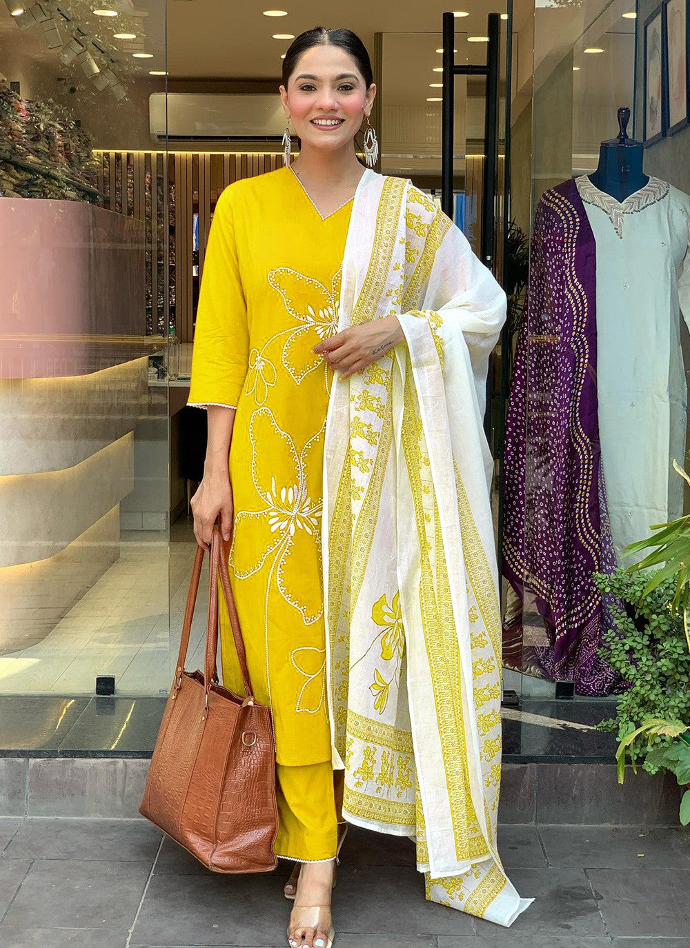 Pant Style Suit Embroidered, Printed Yellow T7382