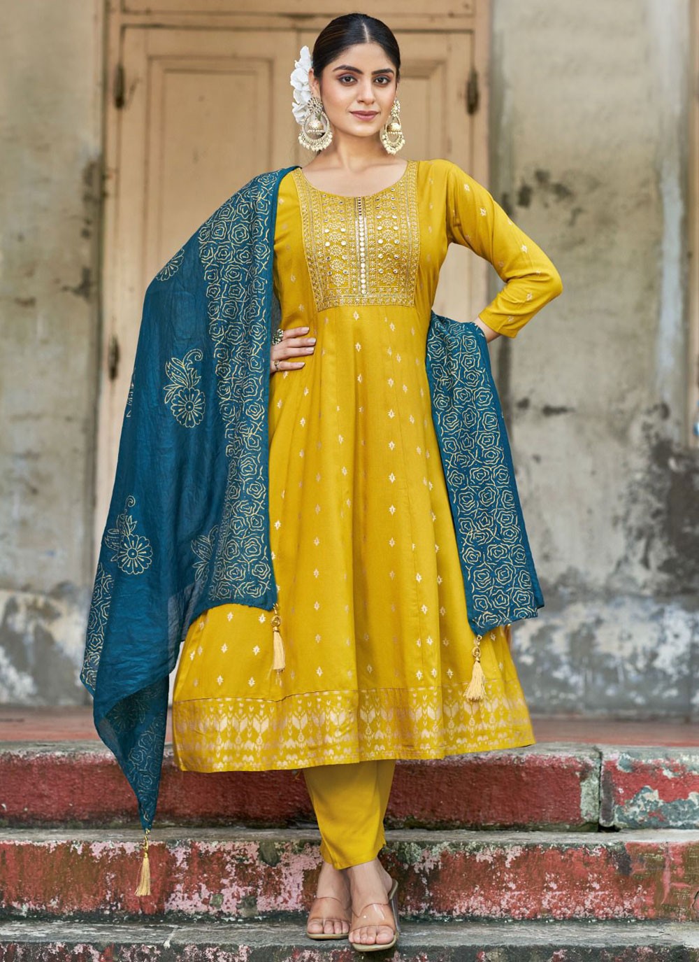 Salwar Suit Embroidered Yellow Rayon T5629