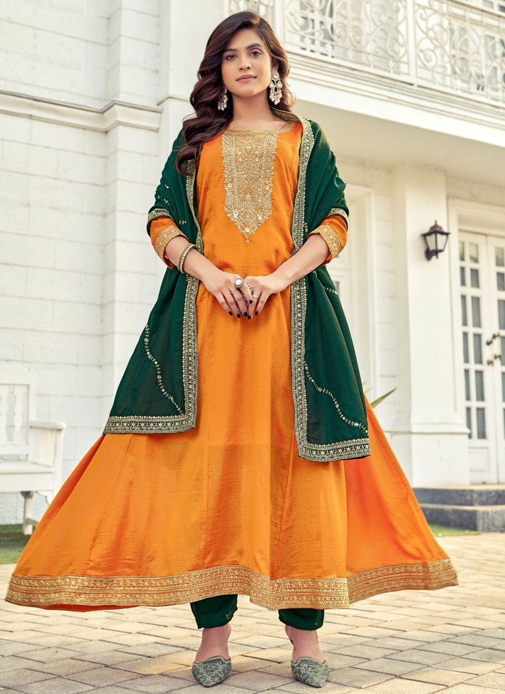 Salwar Suit Embroidered Yellow Vichitra Silk T5623