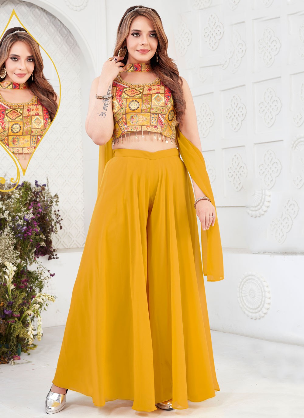 Palazzo Suit Fancy Work, Mirror, Printed, Thread Yellow T6706
