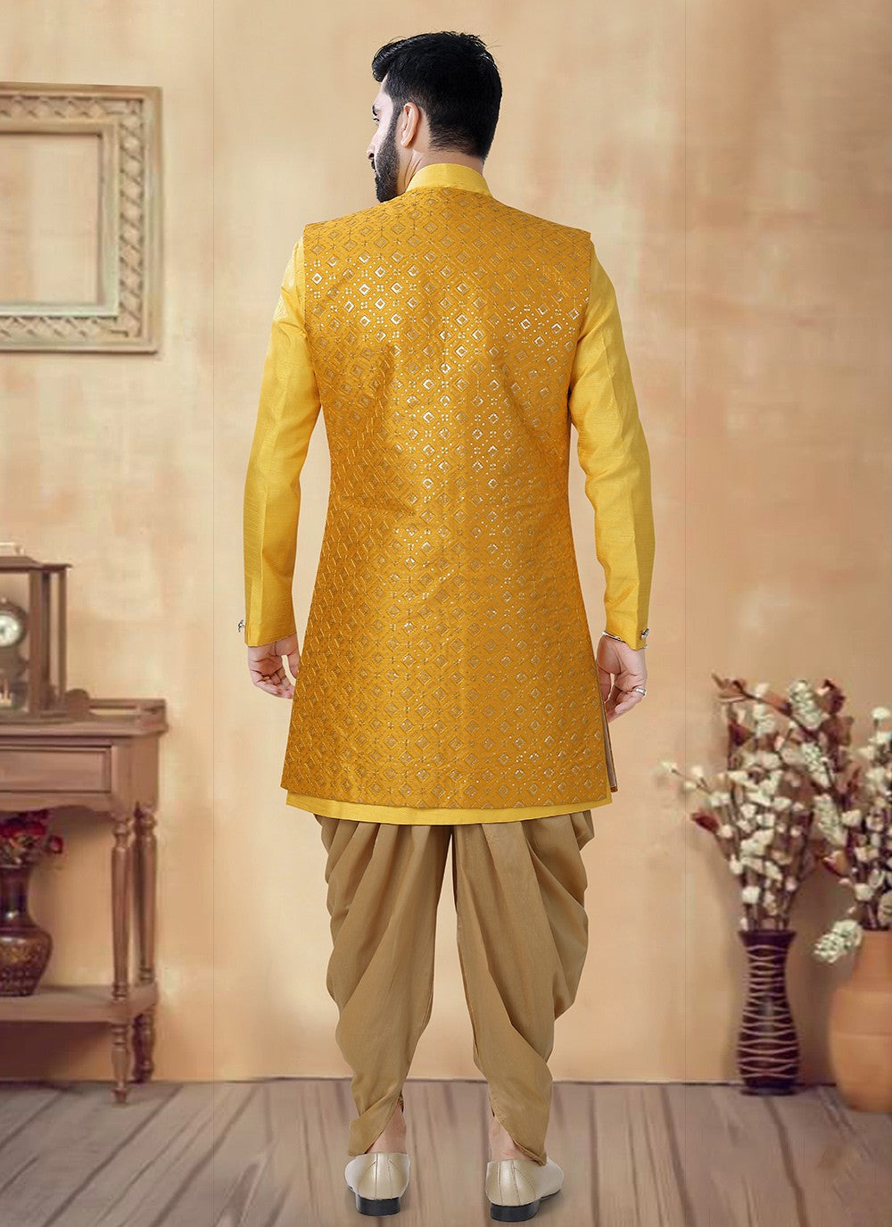 Embroidered Silk Yellow Sherwani - M8509