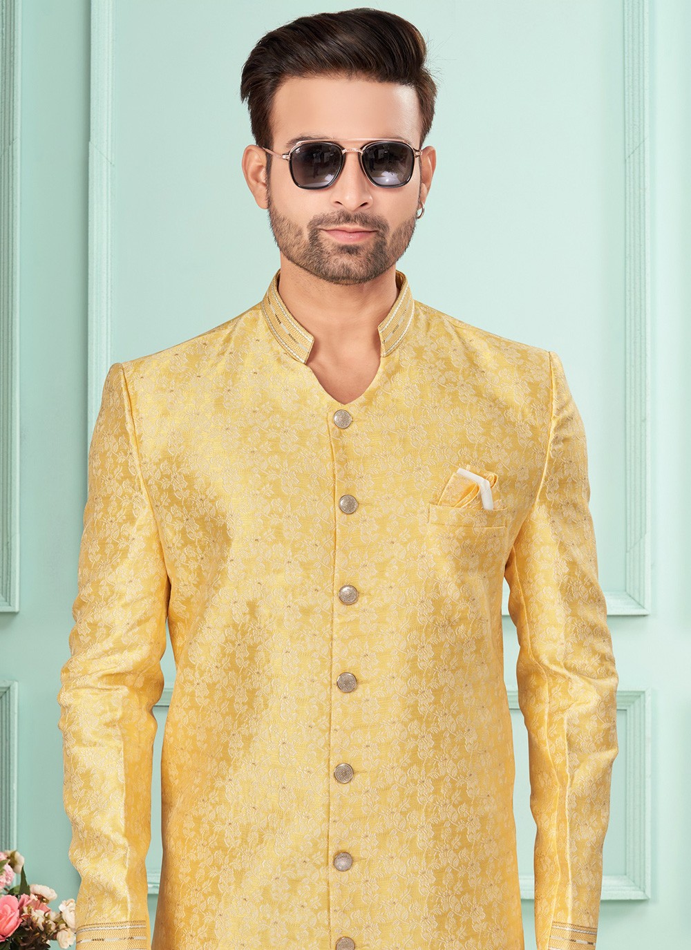 Fancy Work Jacquard Yellow Indo Western - M7266