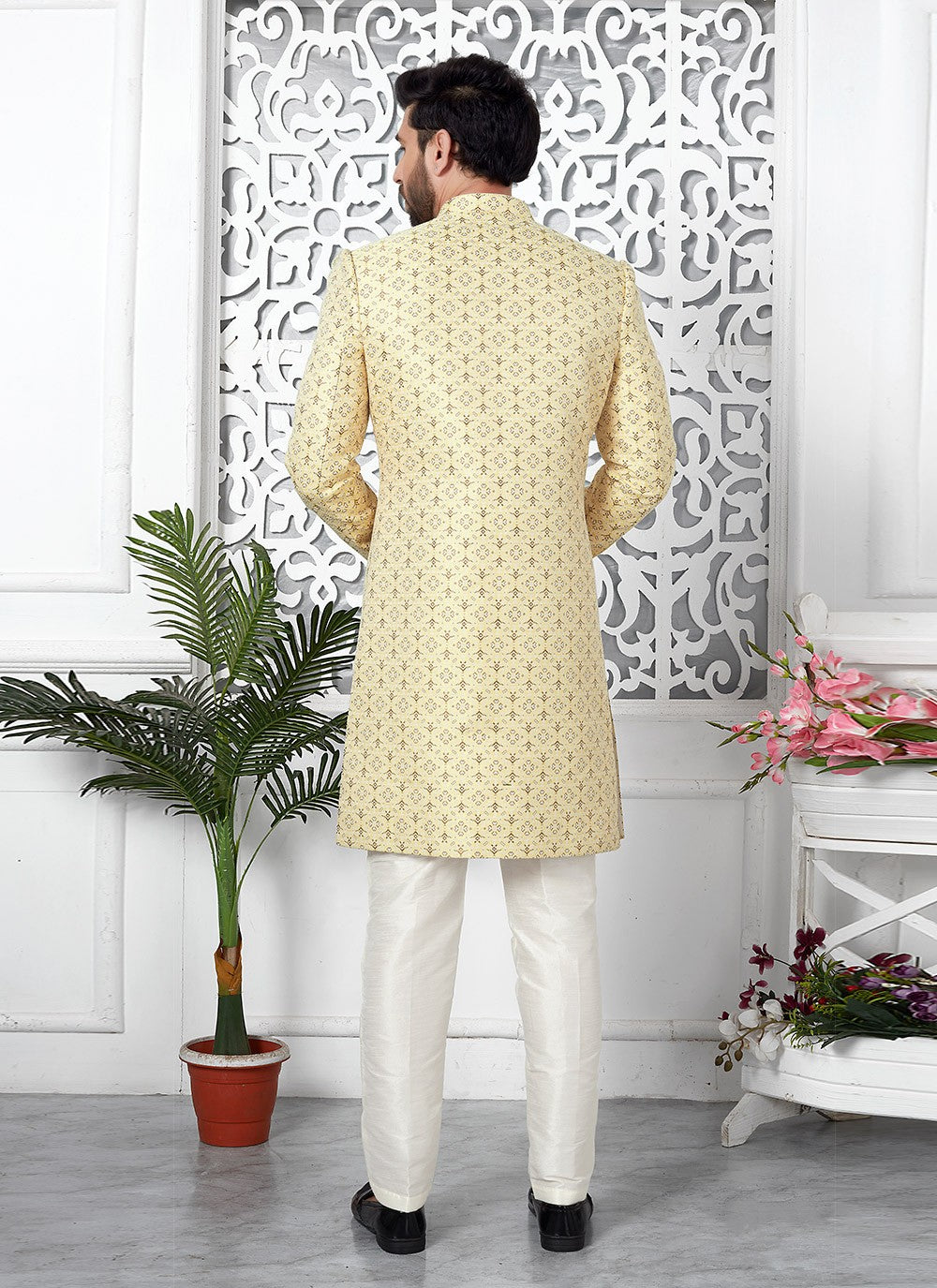 Fancy Work Jacquard Silk Yellow Indo Western - M6623