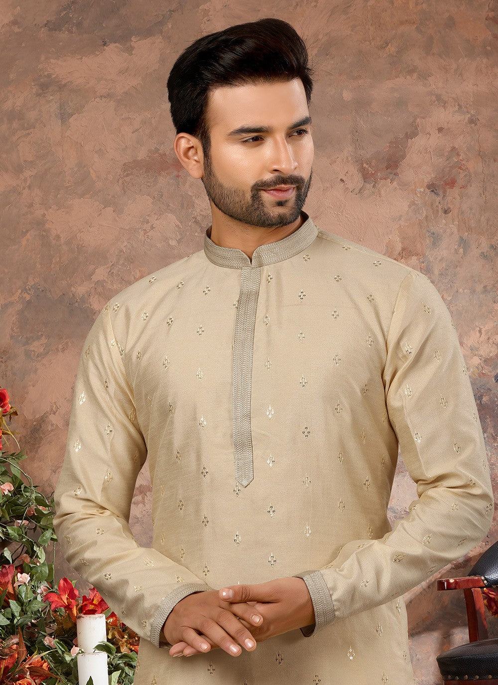 Fancy Work Silk Yellow Kurta - M5627