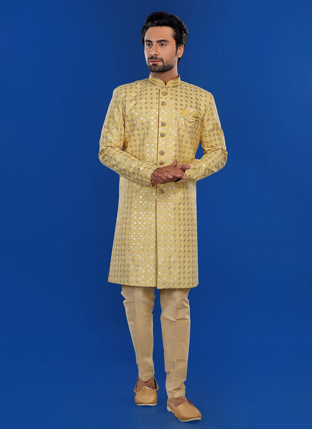 Embroidered Art Silk Yellow Sherwani - M8814
