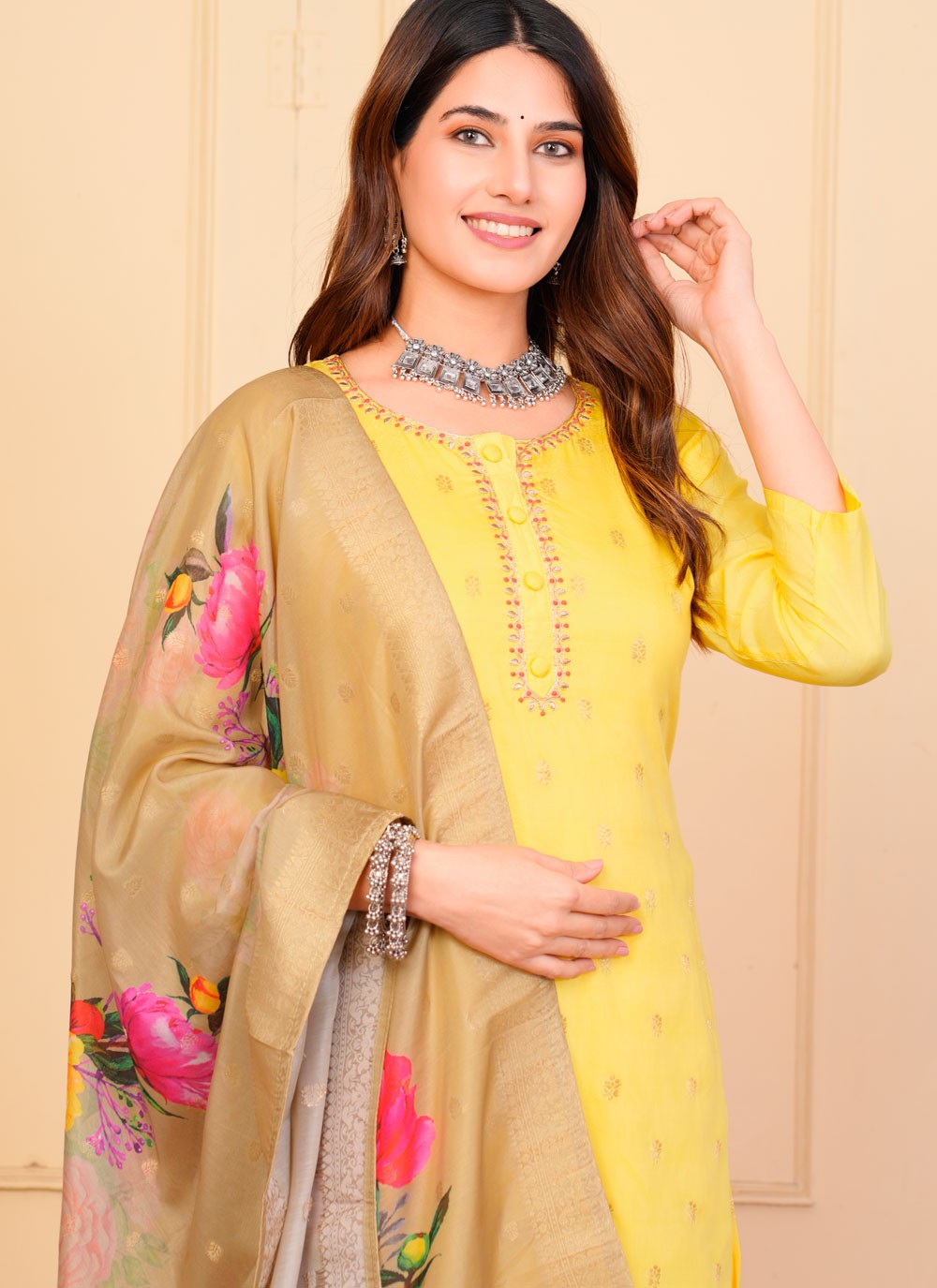 Salwar Suit Embroidered Yellow Jacquard T5137