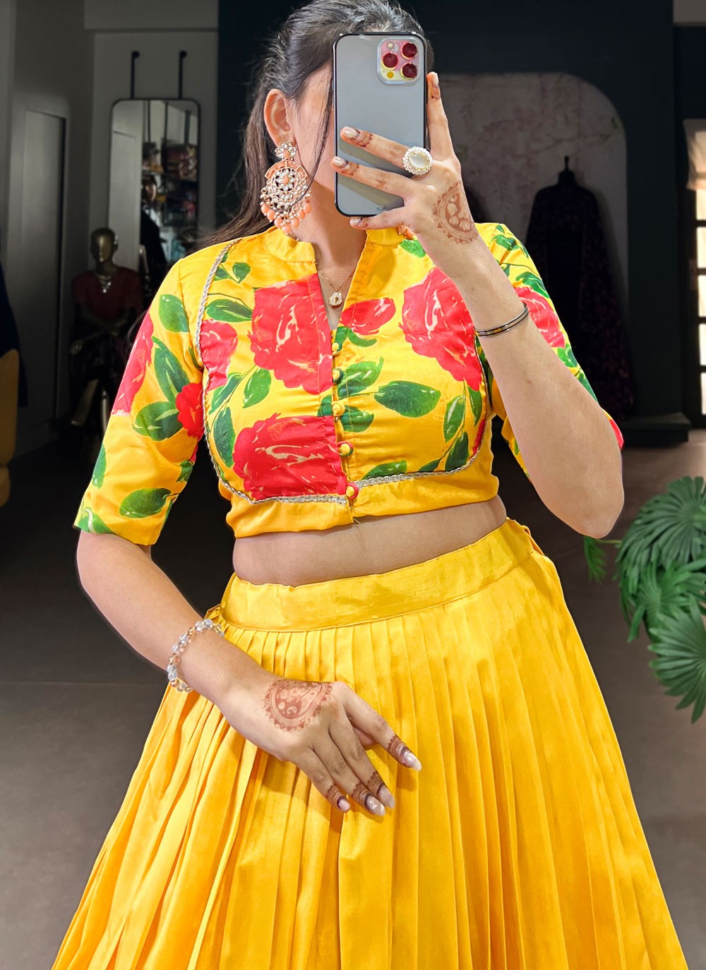 Floral Printed Tussar Silk Yellow Lehenga Choli L3744