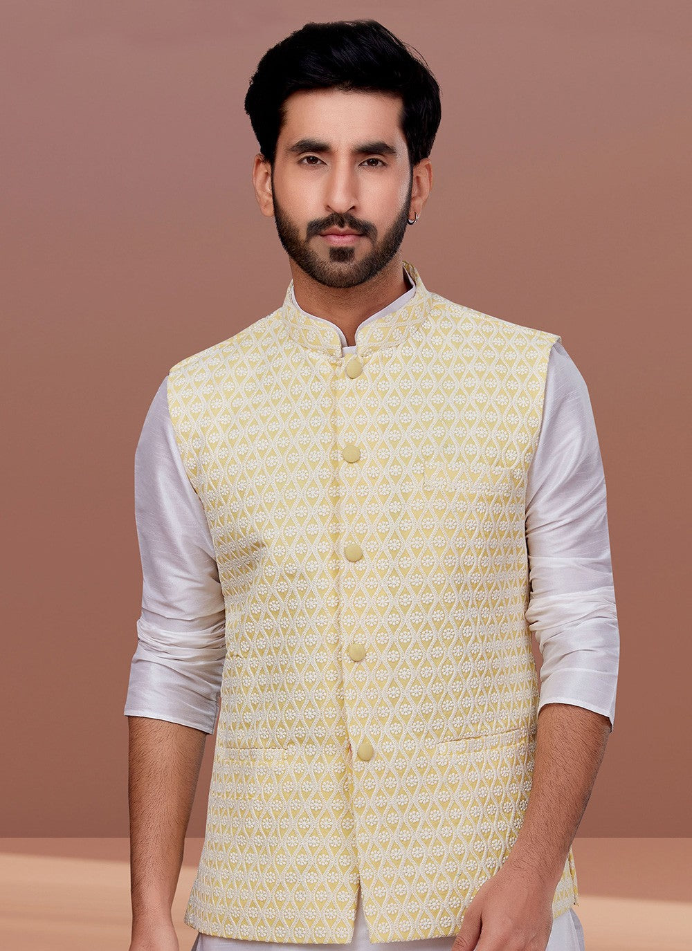 Embroidered Georgette Yellow Nehru Jackets - M7375