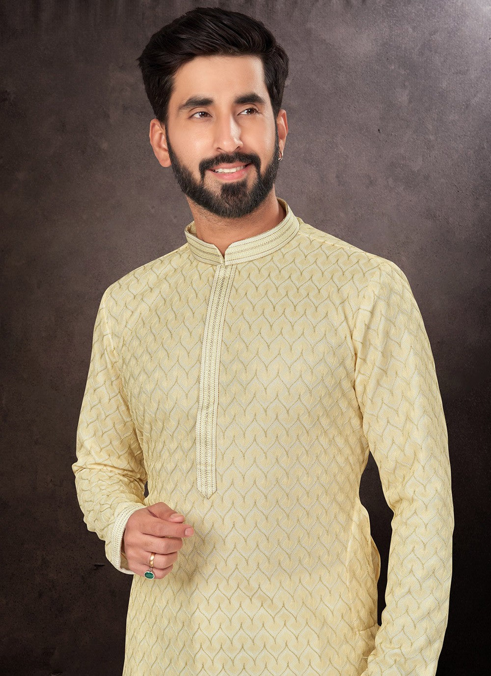 Embroidered Jacquard Yellow Kurta Pyjama - M7220
