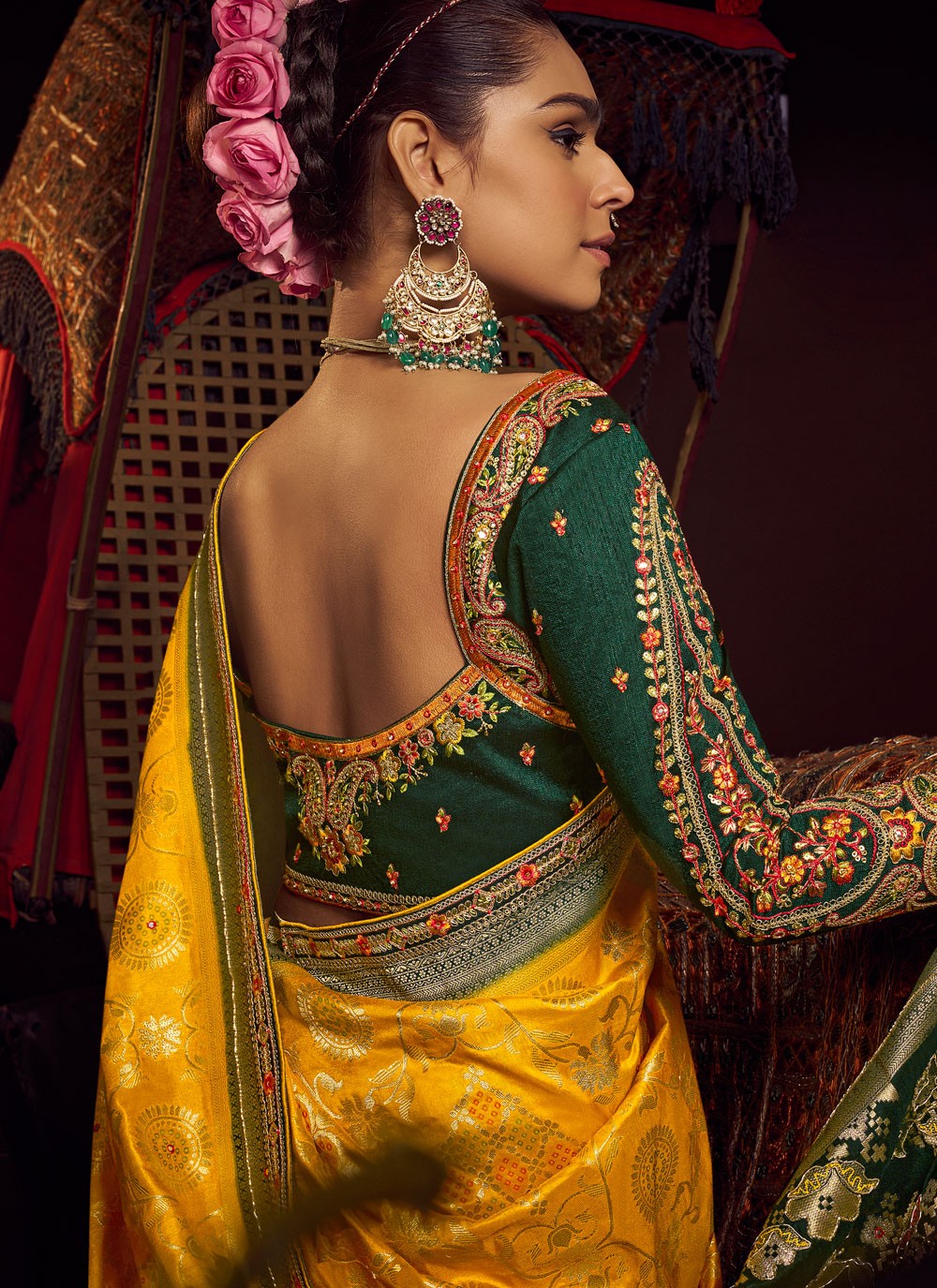 Yellow Pure Dola Traditional Saree Embroidered, Jacquard Work, Lace, Zari S17428