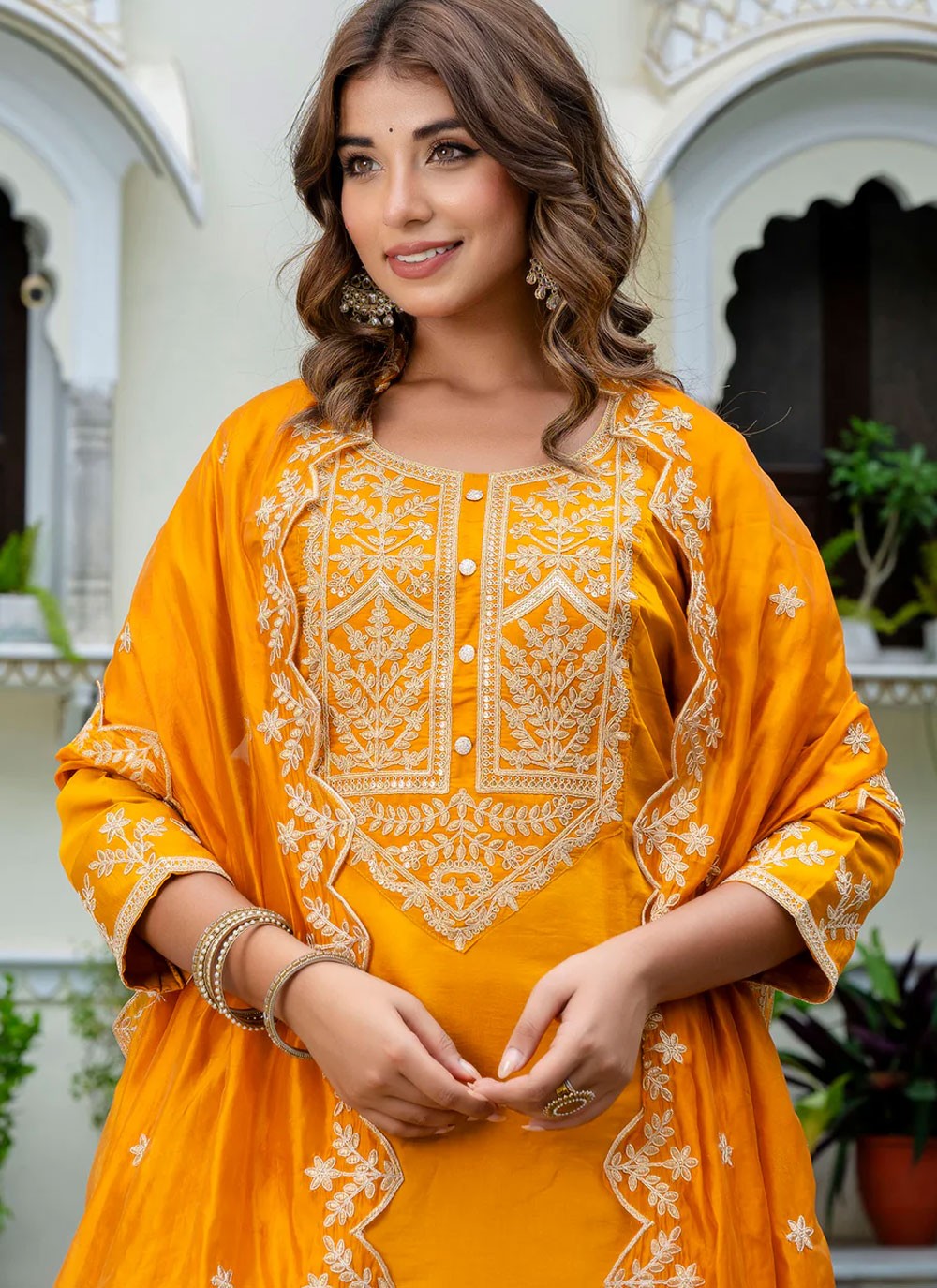 Salwar Suit Embroidered Yellow Silk Blend T5864