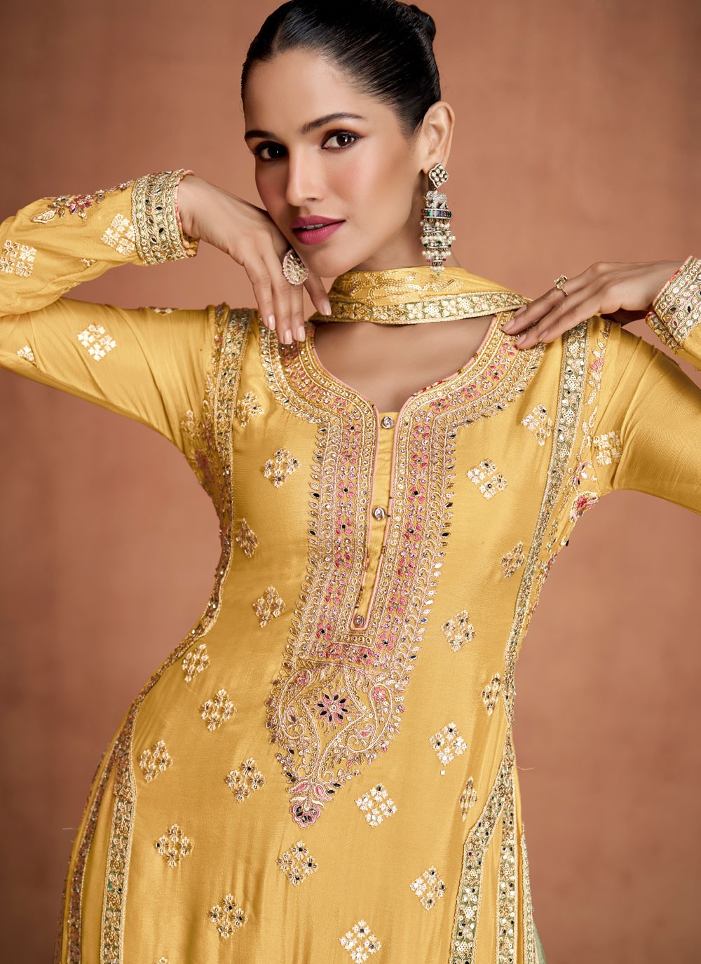 Palazzo Suit Embroidered, Mirror, Zari Yellow T8269