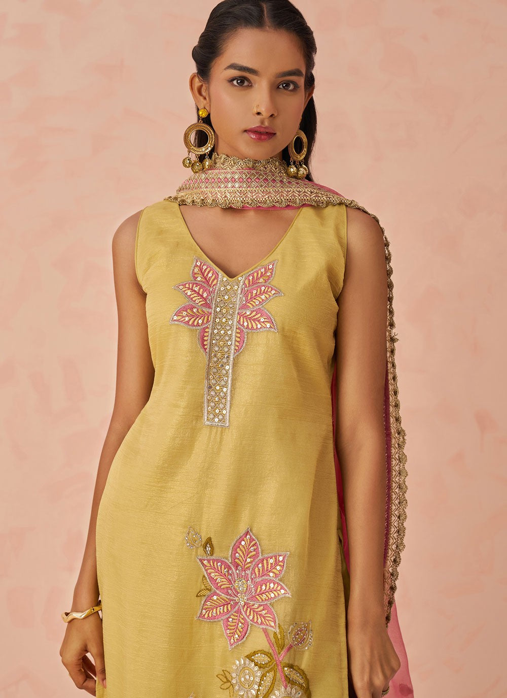 Pant Style Suit Embroidered, Sequins Yellow T7239