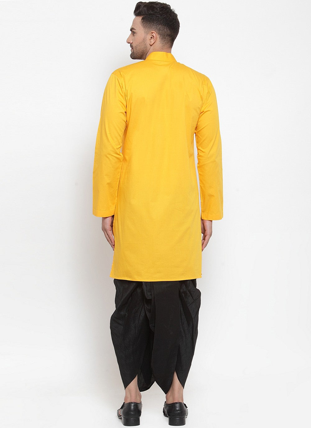 Plain Blended Cotton Yellow Dhoti Kurta - M6175