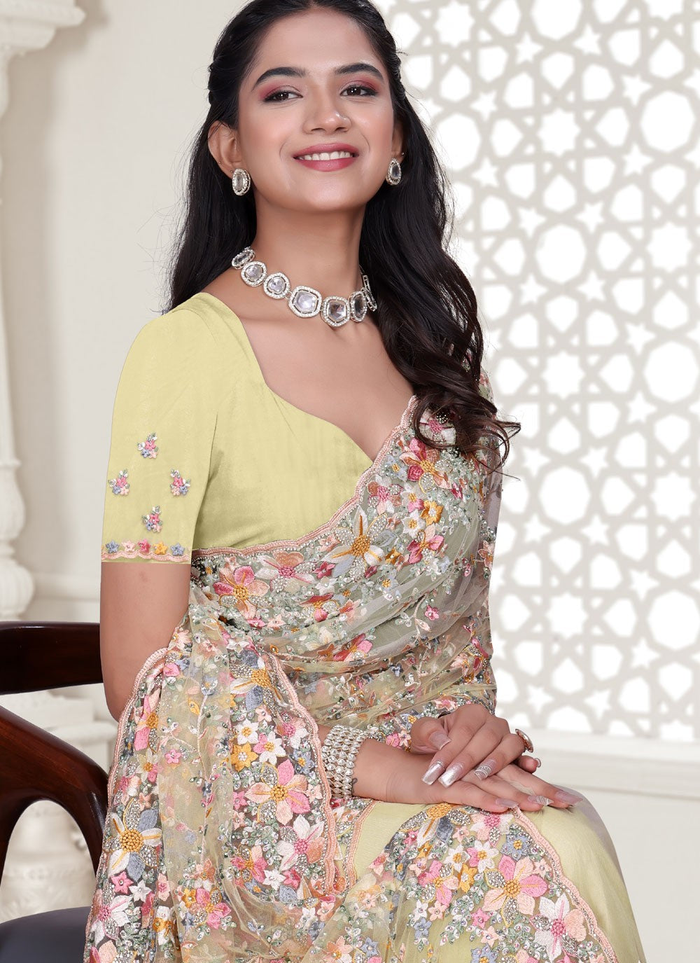 Yellow Net Trendy Saree Cut Work, Embroidered, Resham, Stones, Zircon S17807