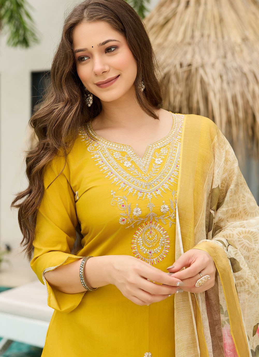Pant Style Suit Embroidered Yellow T8608