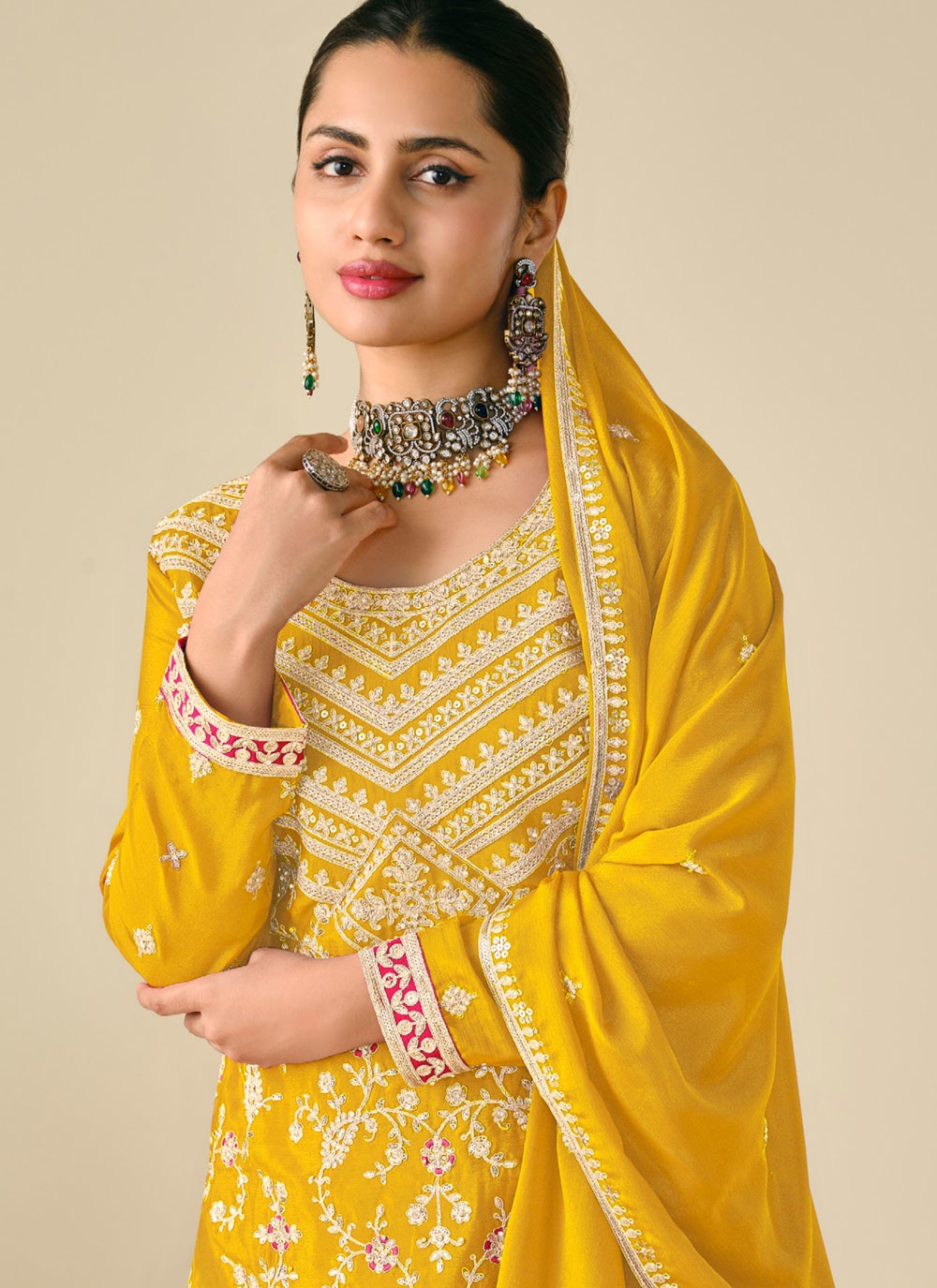 Embroidered Chinon Yellow Palazzo Suit T6379