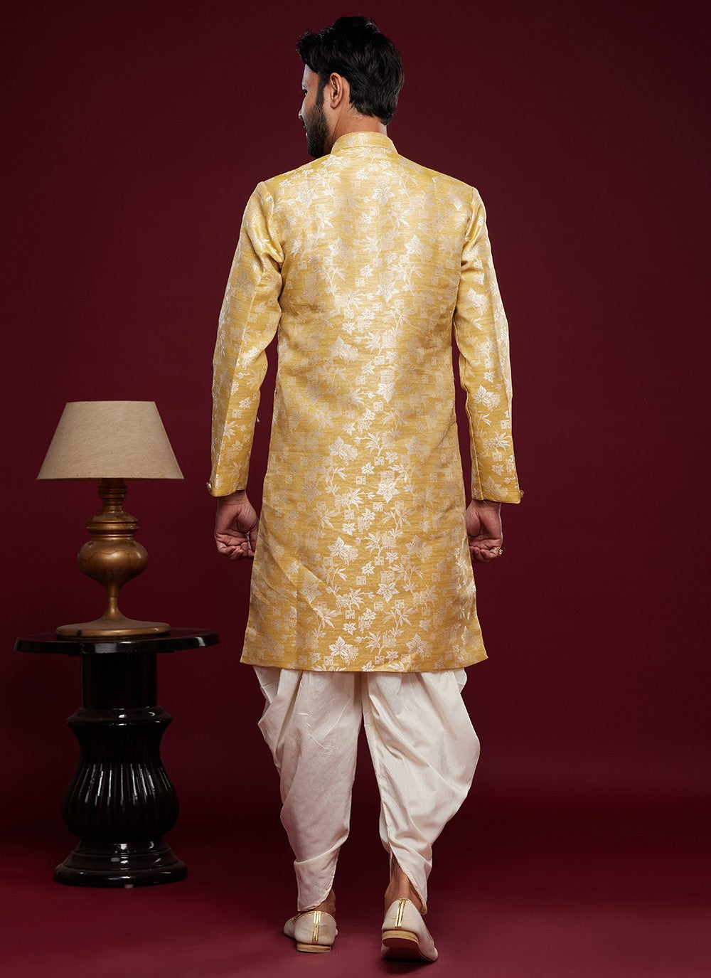 Fancy Work Banarasi Jacquard Yellow Indo Western Sherwani - M5785