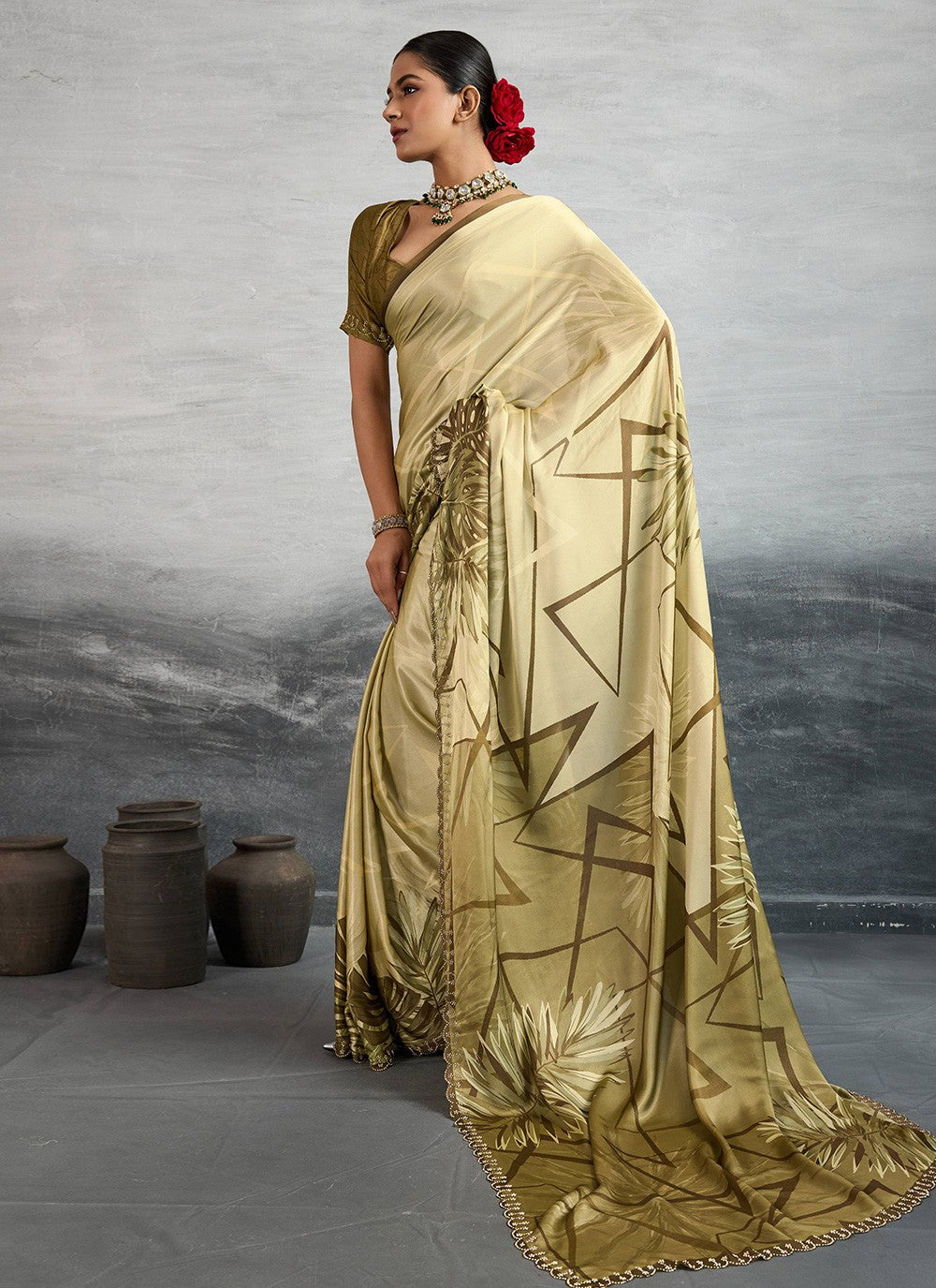 Yellow Satin Silk Trendy Saree Digital Print S18246