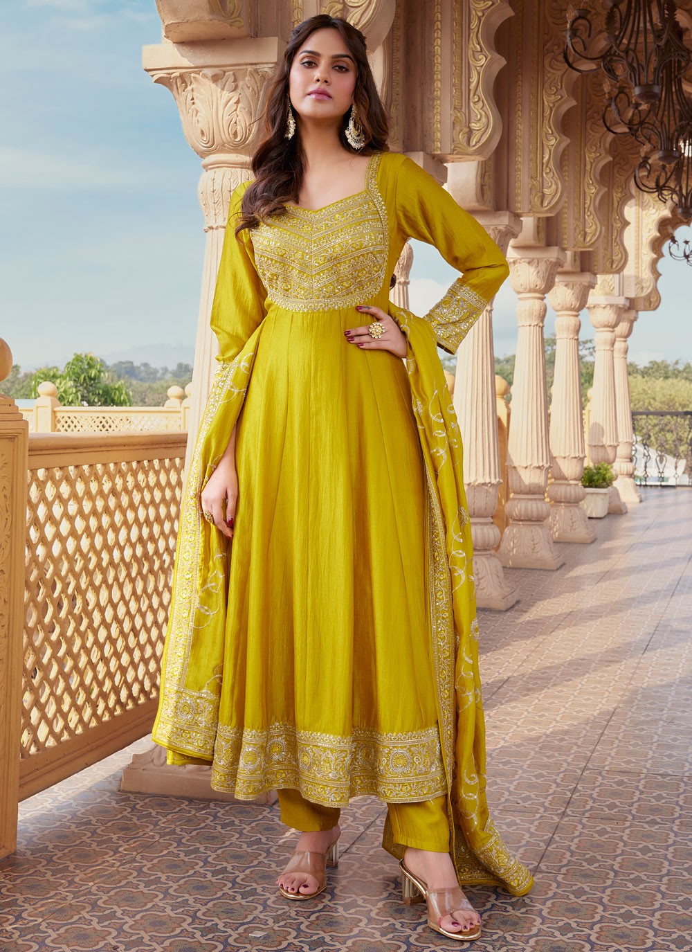 Anarkali Embroidered Yellow Silk T5571