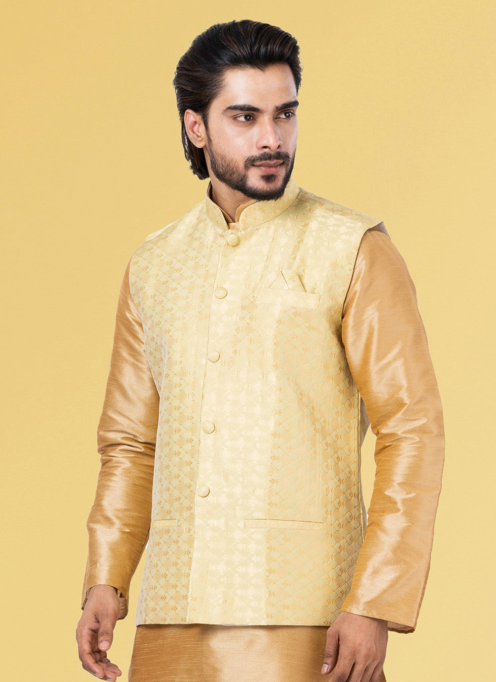 Jacquard Work Silk Yellow Nehru Jackets - M7436