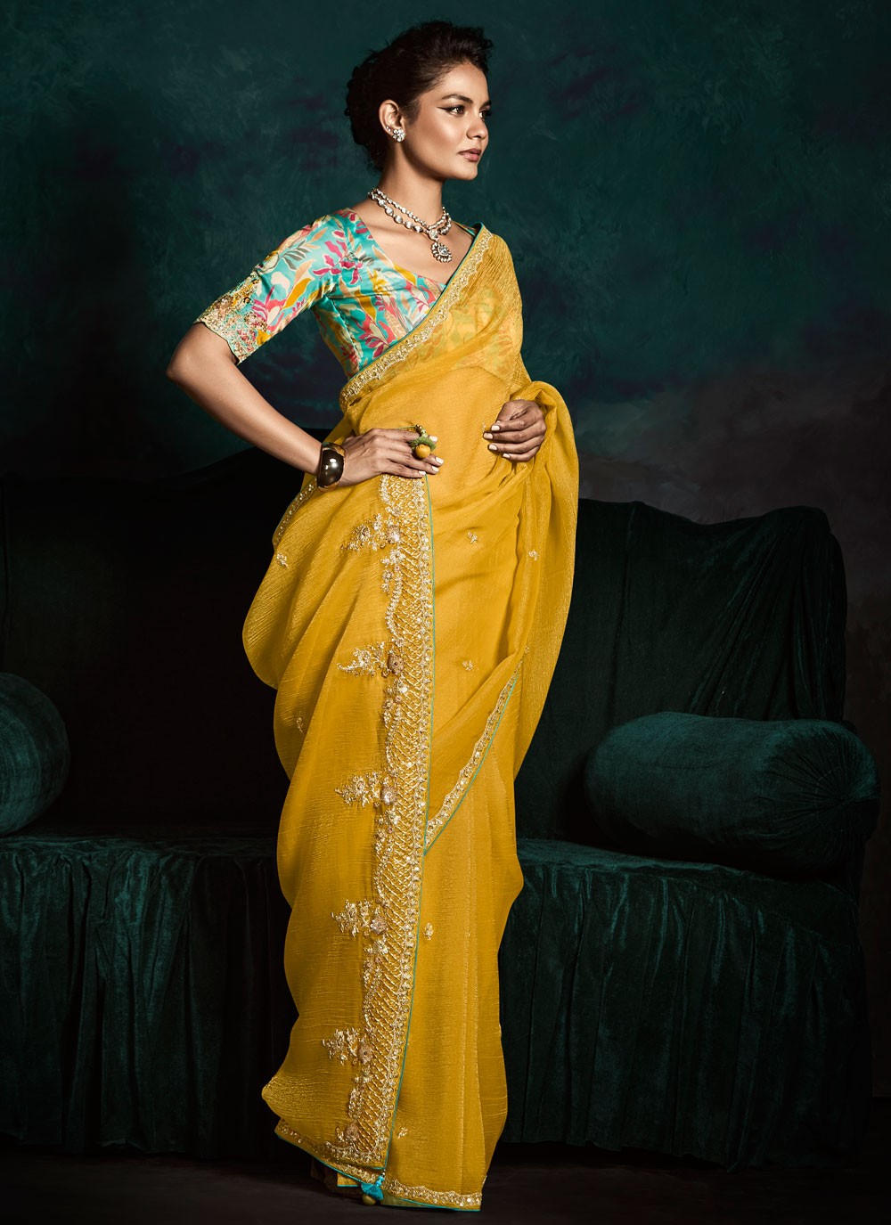 Traditional Embroidered Yellow Fancy Fabric Saree S13456