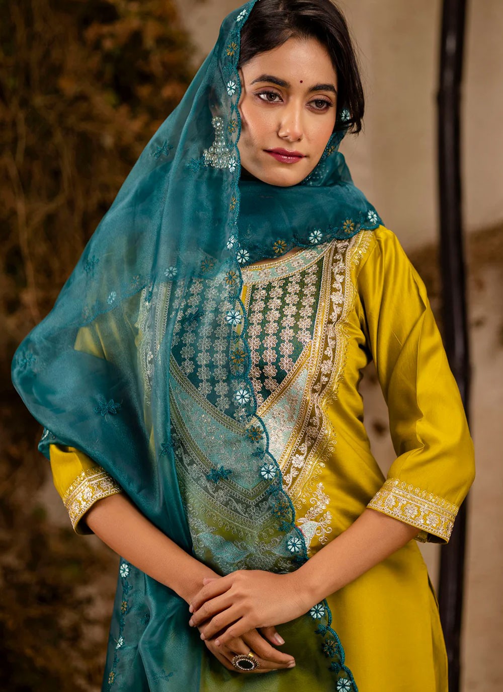 Embroidered Rayon Yellow Pant Style Suit T6297