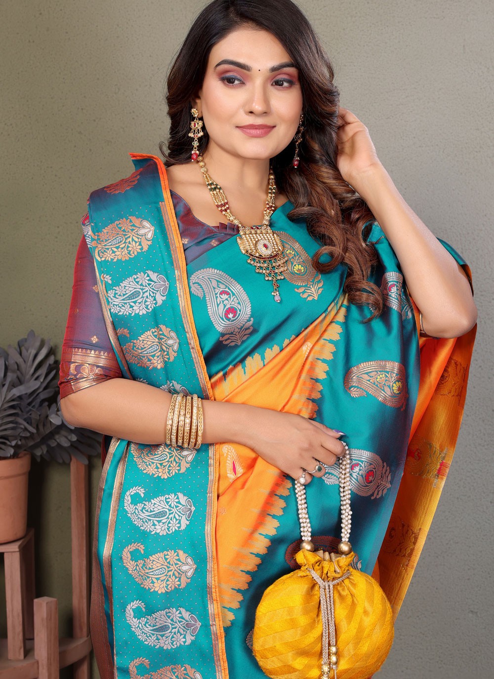 Yellow Banarasi Silk Contemporary Saree Weaving Zari S17611