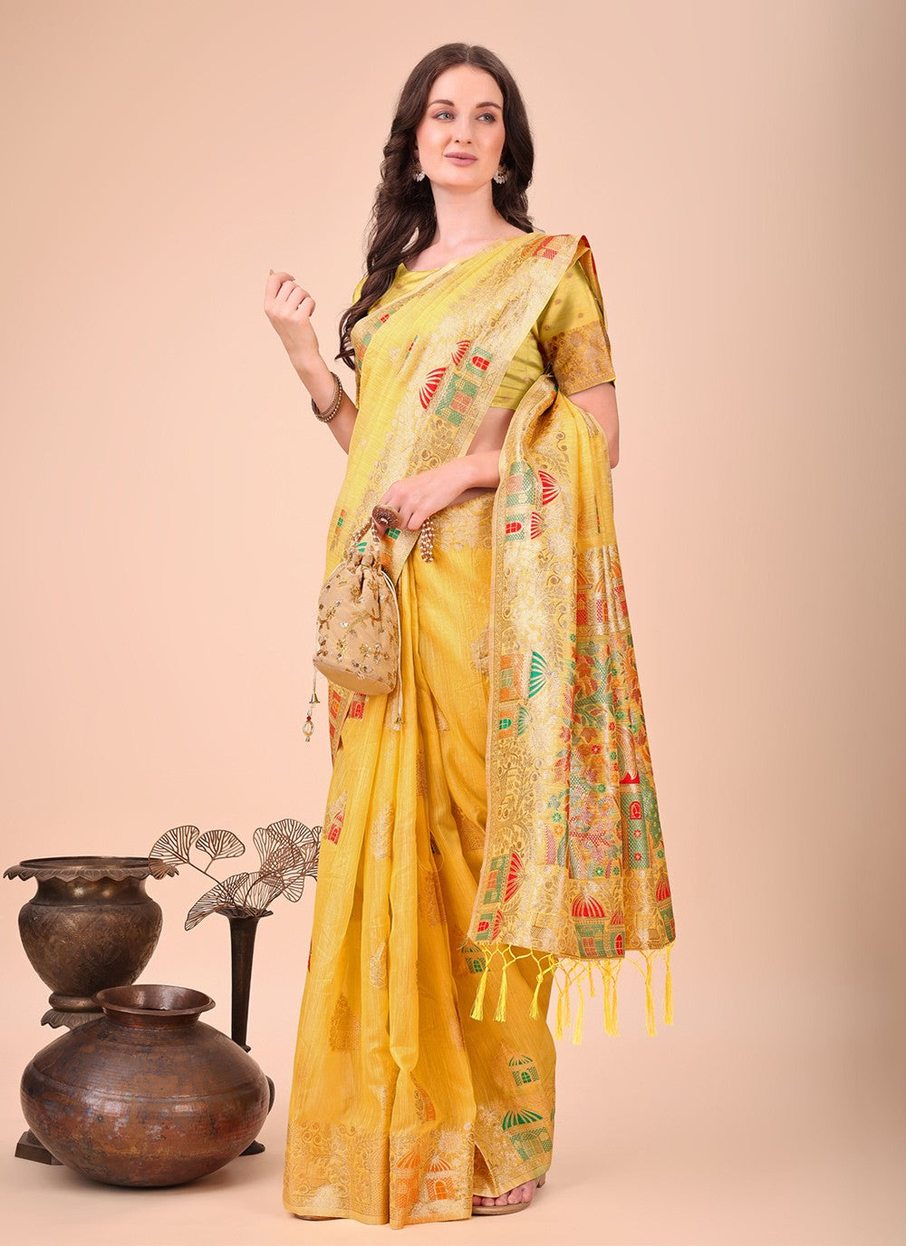 Weaving Zari Cotton Yellow Contemporary Saree S15110