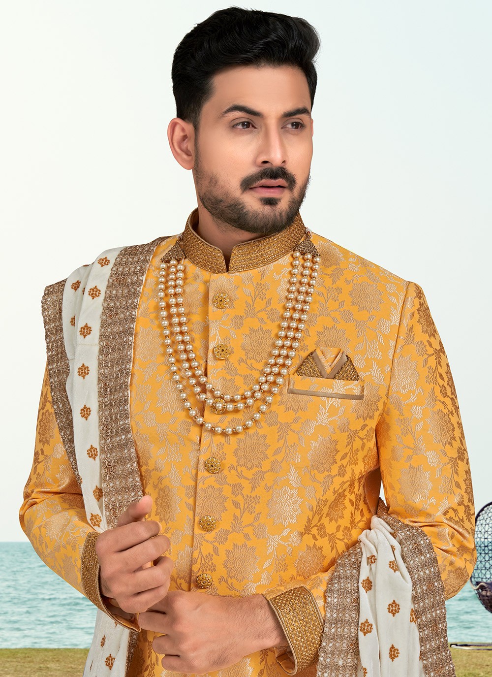 Thread Banarasi Jacquard Yellow Sherwani - M6602