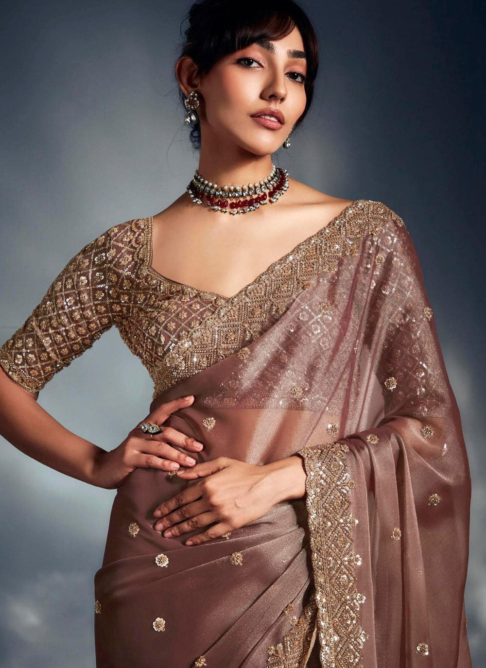Pink Fancy Fabric Classic Saree Cut Work, Cutdana, Khatli Work, Sequins, Thread, Zari S19062