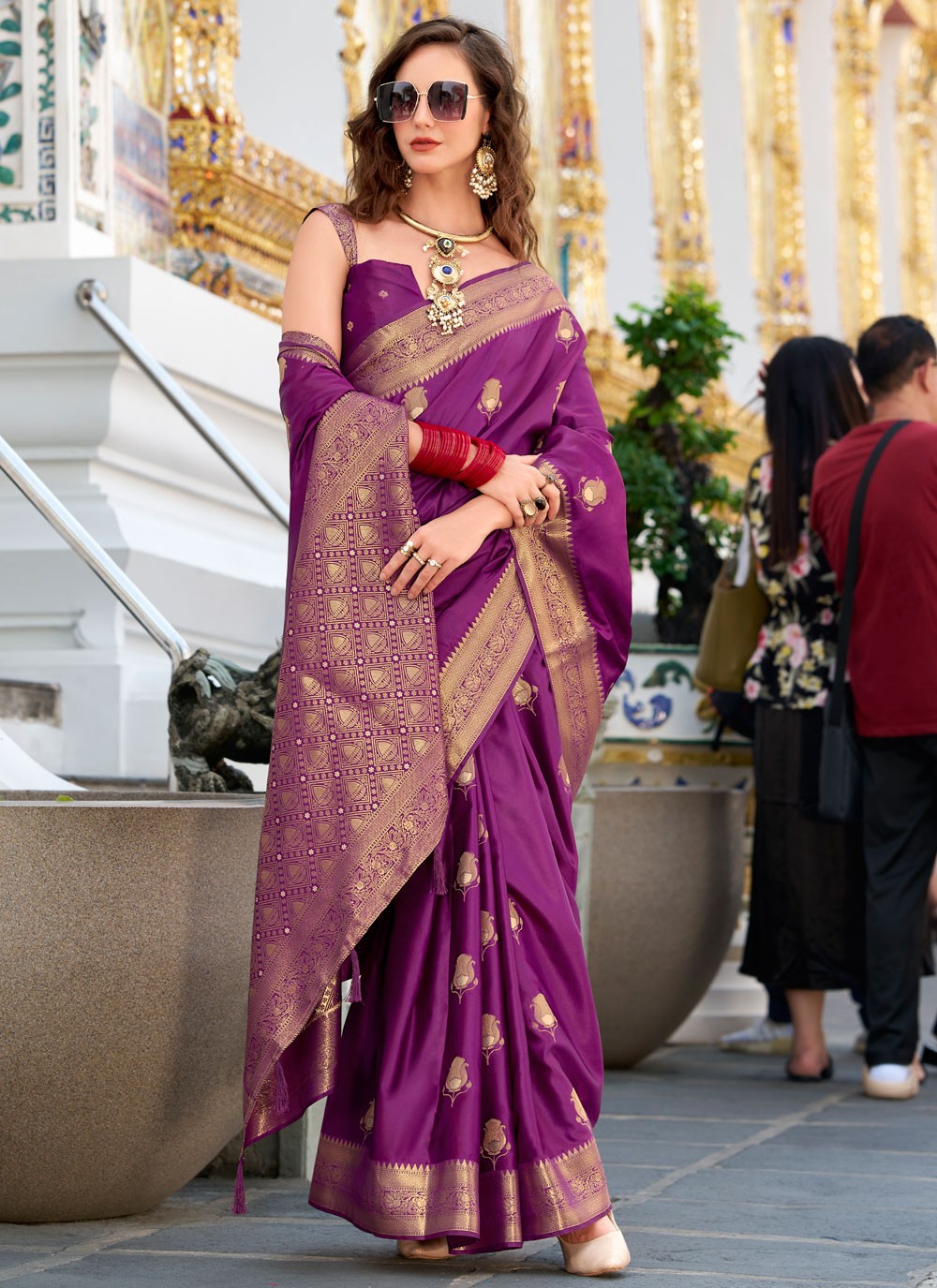 Weaving Zari Satin Silk Burgundy Saree S14434