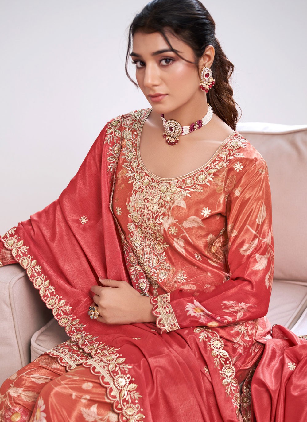 Palazzo Suit Embroidered, Printed, Sequins, Zari Pink T8273