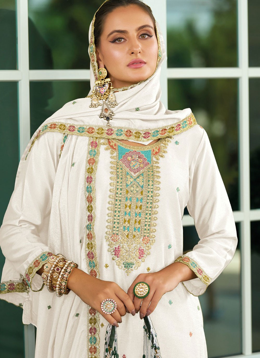Palazzo Suit Embroidered, Sequins, Zari White T6711