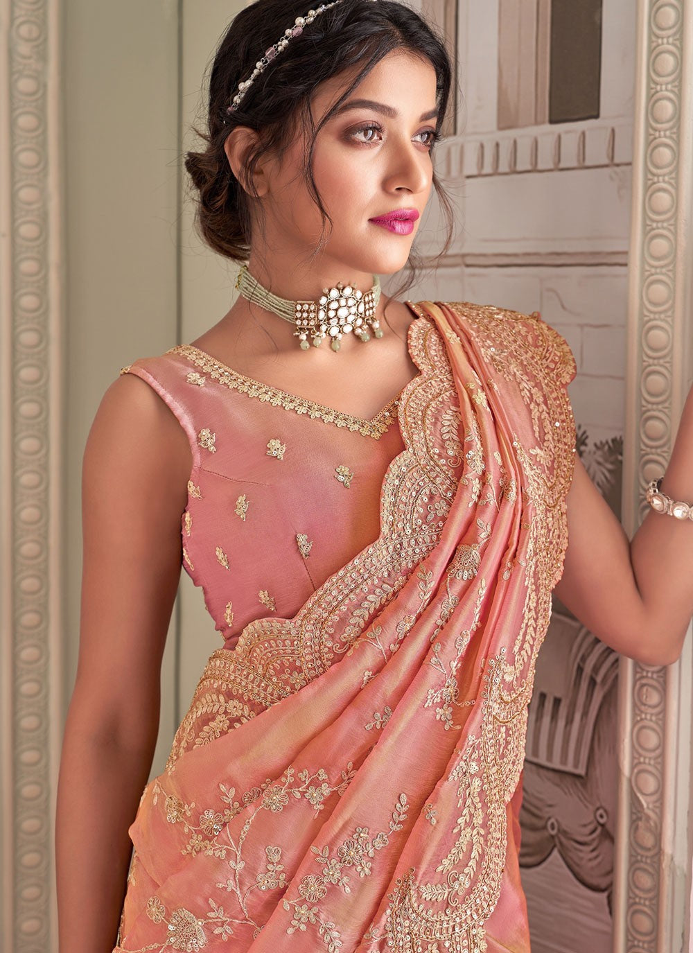 Peach Tissue Contemporary Saree Cut Work, Embroidered, Sequins, Zari S17435
