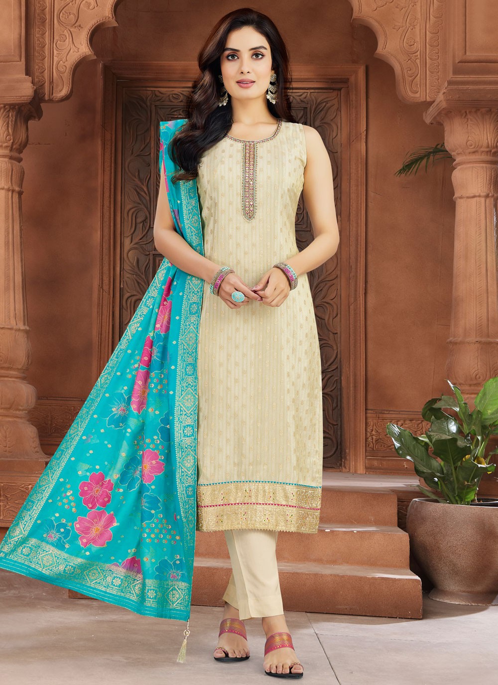 Pant Style Suit Embroidered, Zari Cream T7987