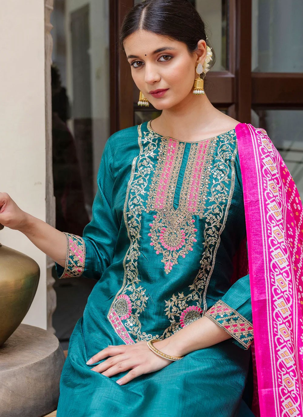 Pant Style Suit Embroidered, Zari Morpeach T6860