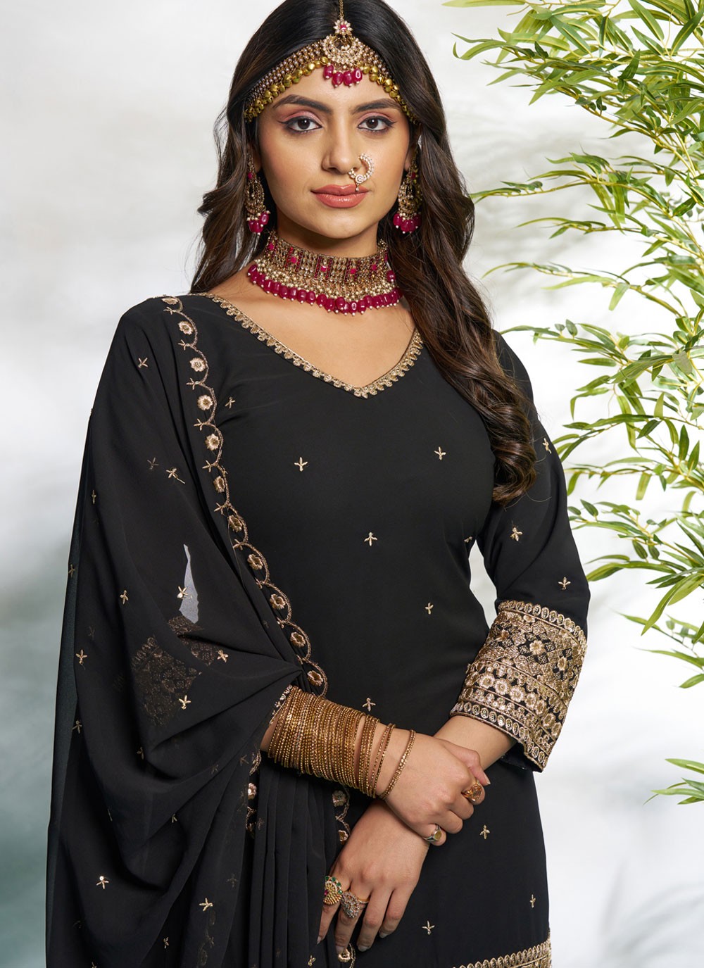 Salwar Suit Embroidered Black Faux Georgette T5617