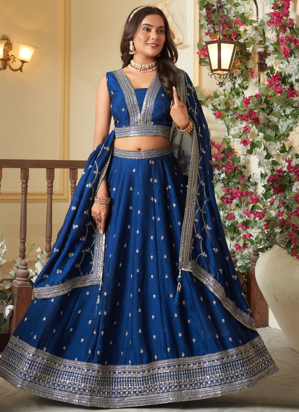 Embroidered Silk Navy Blue Lehenga Choli L3733