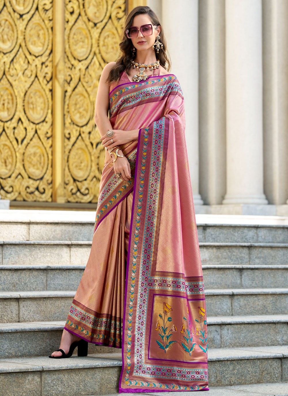 Traditional Weaving Zari Pink Silk Saree S13302