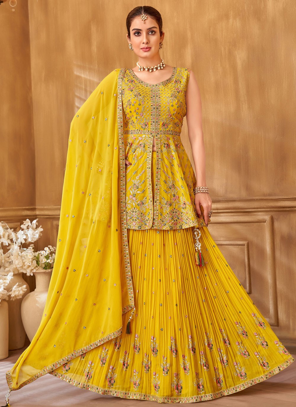 Embroidered Georgette Yellow Lehenga - L3406