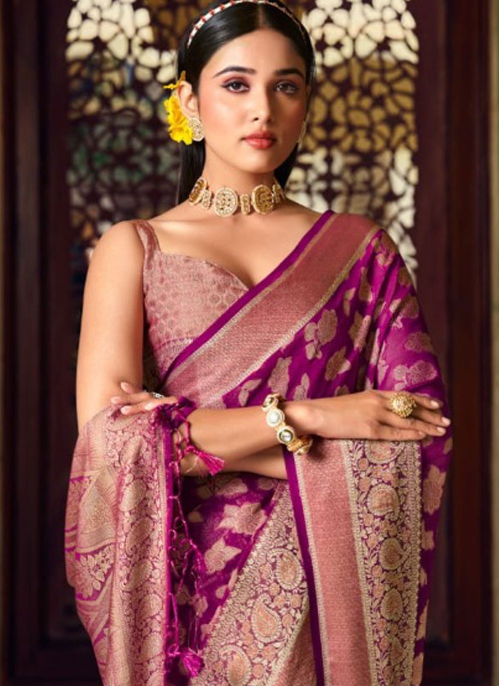Weaving Zari Georgette Purple Trendy Saree S15497