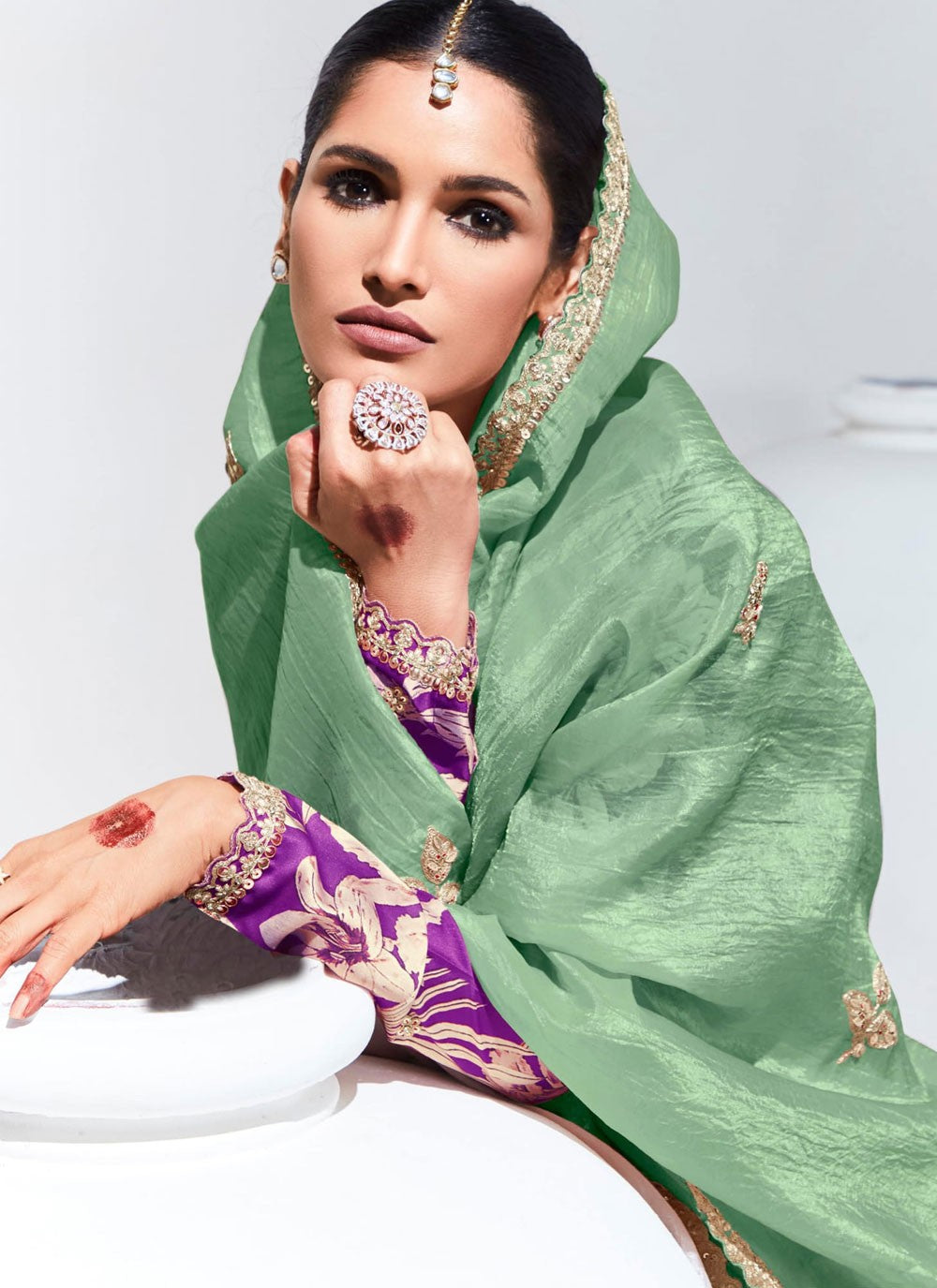 Buttis Glass Tissue Sea Green Saree S14805