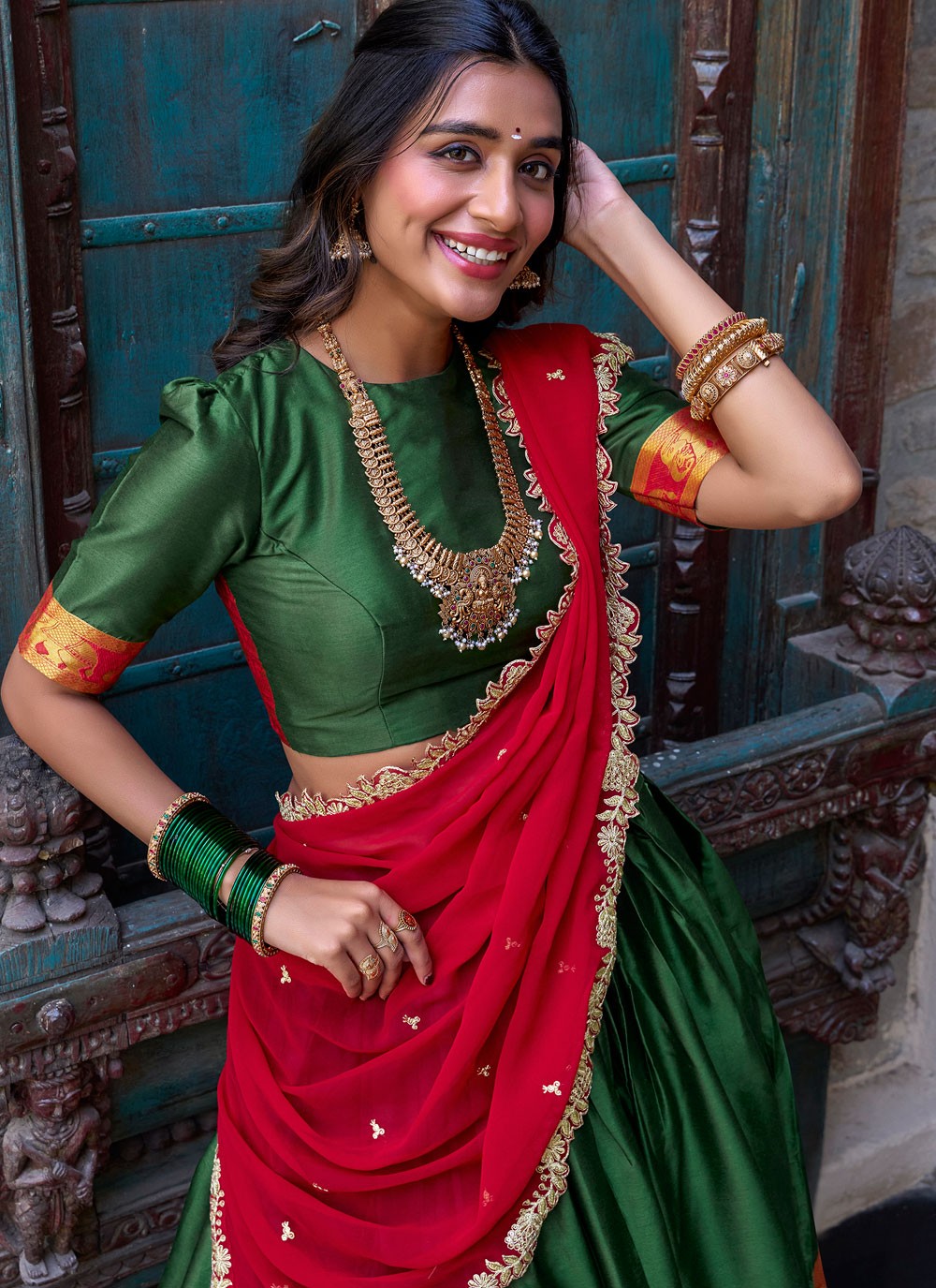 Weaving Zari Fancy Fabric Green Lehenga Choli L3701