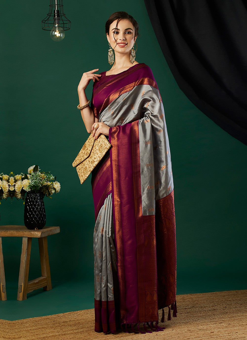 Classic Saree Woven Grey Banarasi Silk S12509