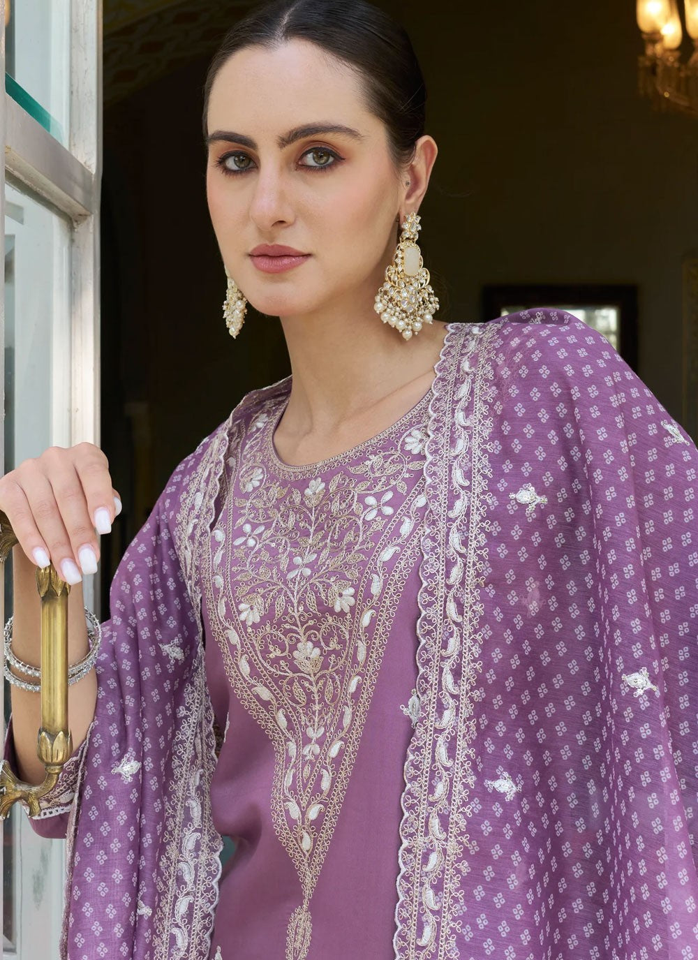 Pant Style Suit Embroidered, Zari Lavender T6854