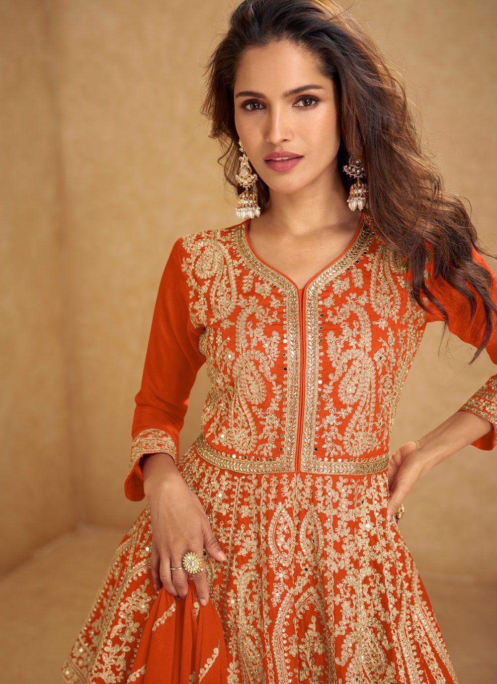 Sharara Suit Embroidered, Mirror, Zari Orange T6677