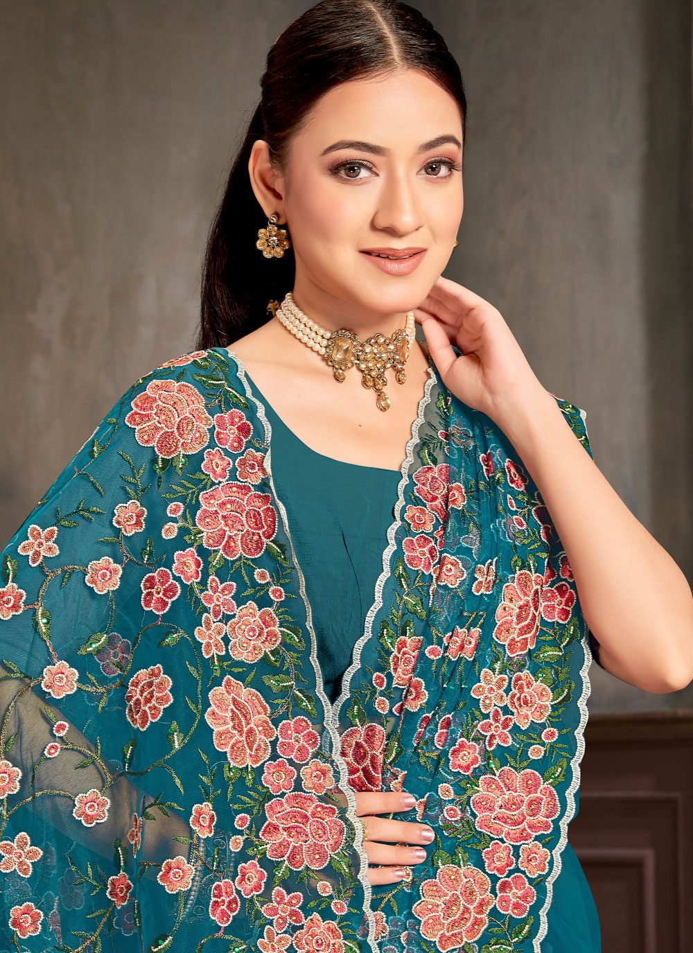 Embroidered Net Morpeach Saree S14448