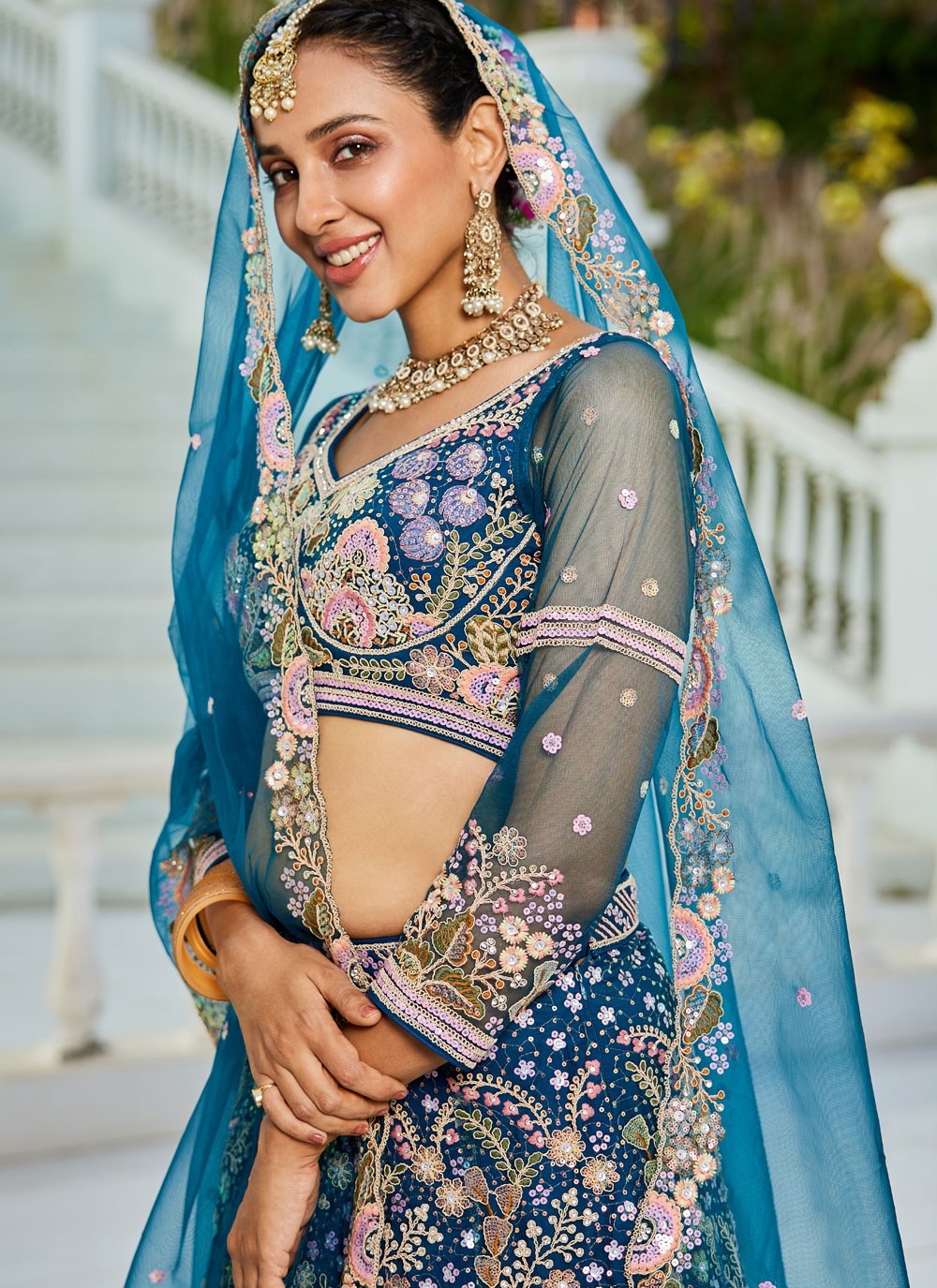 Embroidered Net Morpeach Lehenga - L3363